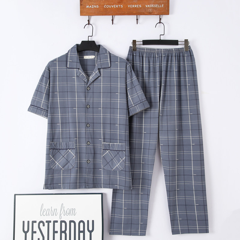 睡衣男士夏季短袖长裤薄款爸爸宽松中老年人条棉质休闲家居服套装
