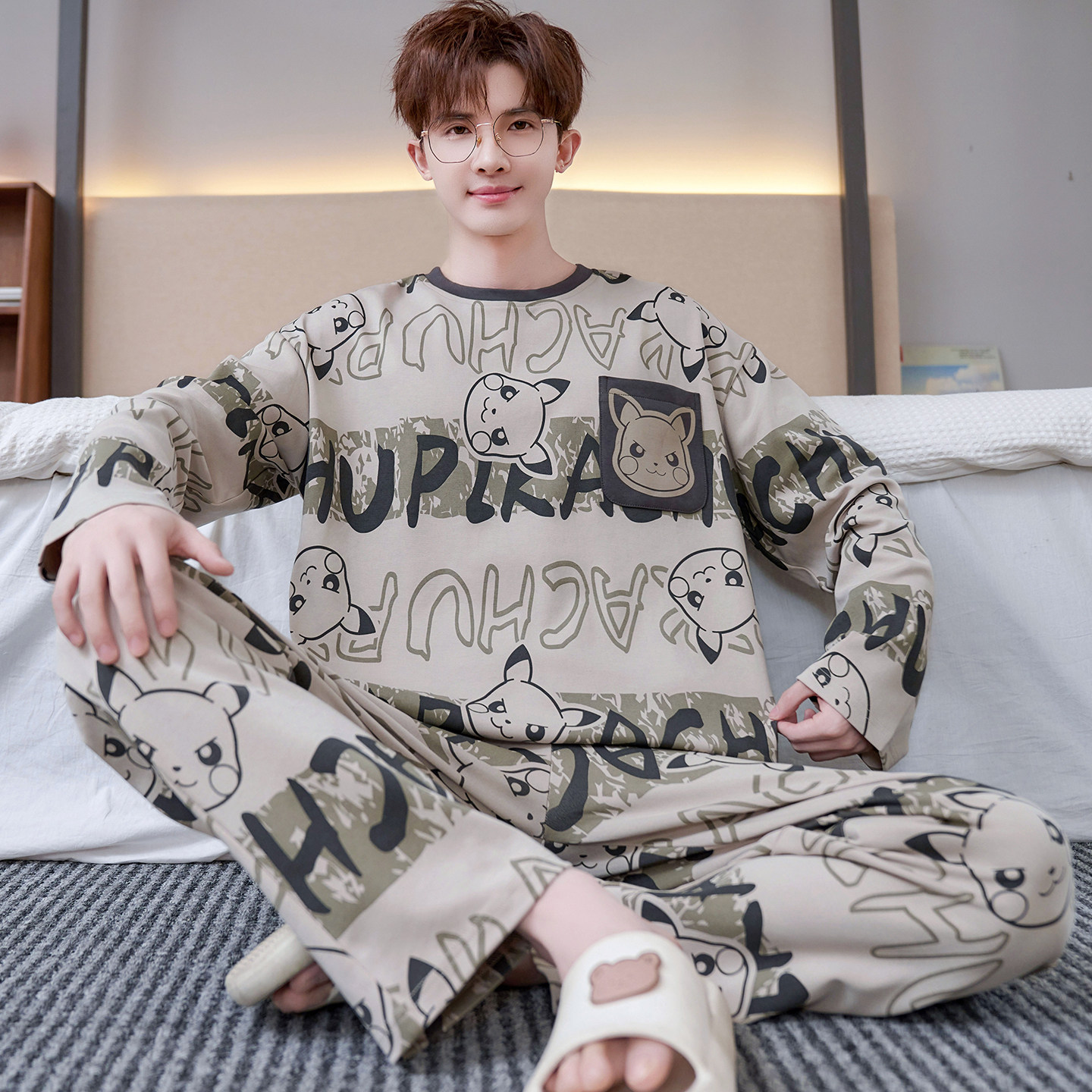 青少年睡衣男孩纯棉春秋季卡通圆领大童高初中学生长袖套装家居服