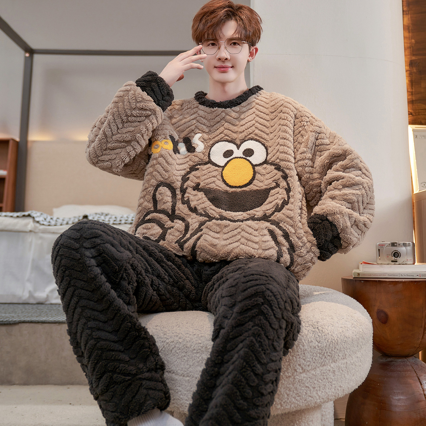 珊瑚绒睡衣男孩加厚青少年卡通初中生圆领秋冬季家居服套装法兰绒