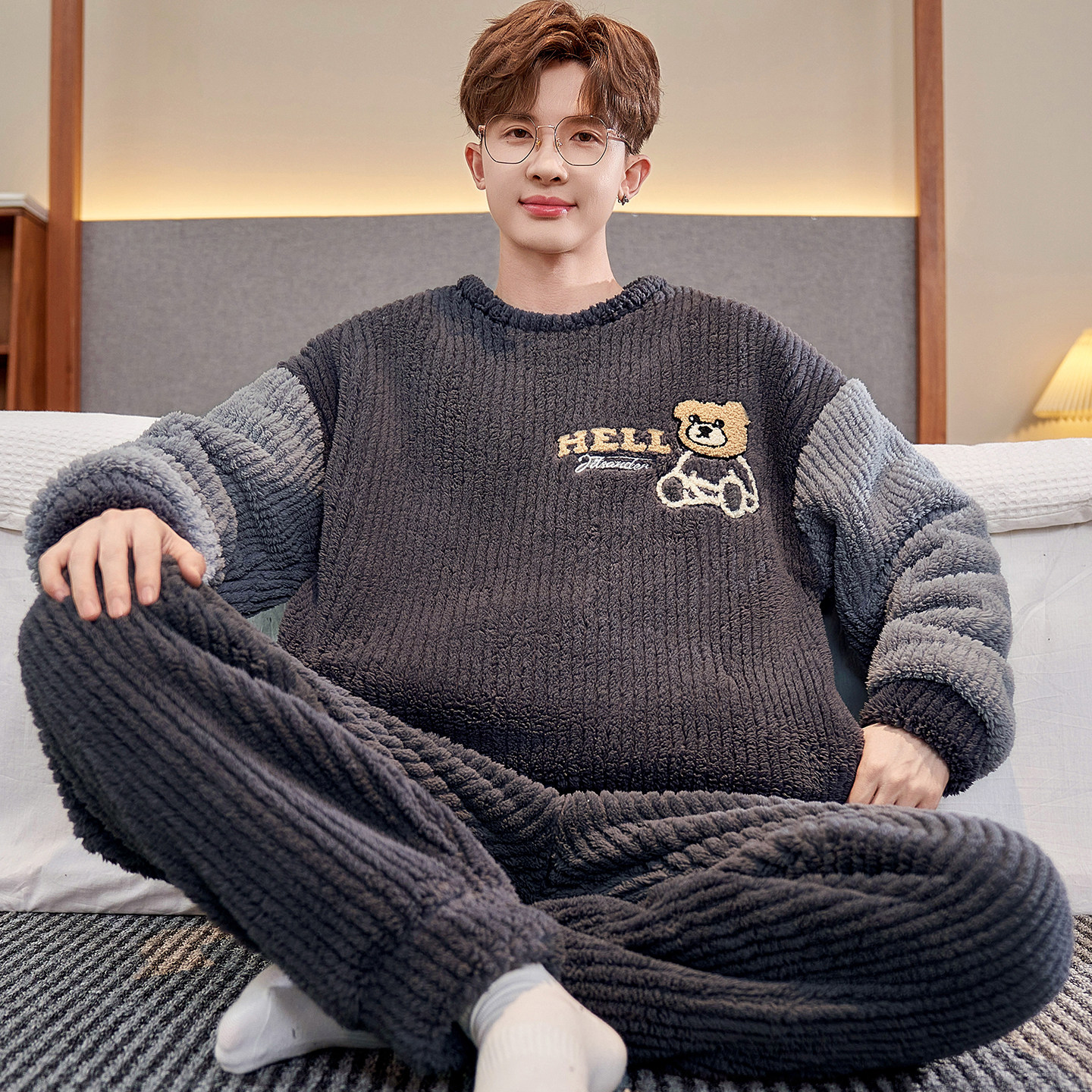加厚法兰绒睡衣男孩青少年加绒卡通初中生珊瑚绒秋冬季套装家居服