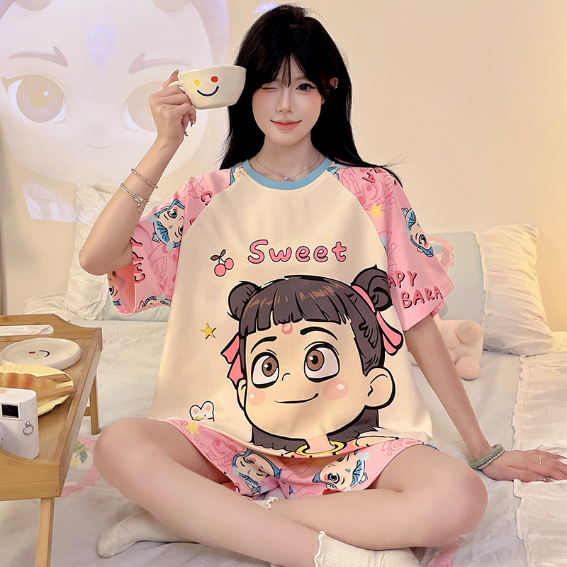 青少年睡衣女孩夏季纯棉薄款卡通短裤短袖初中学生大童家居服套装