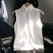 蕾丝高领上衣 花边立领背心公主领衬衫 网纱木耳领打底衫 女内搭无袖