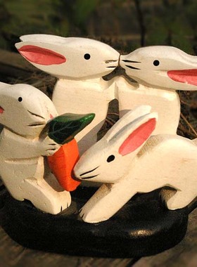 夏惠田园乡村手工制  天然木雕桌摆  小白兔家家乐摆件