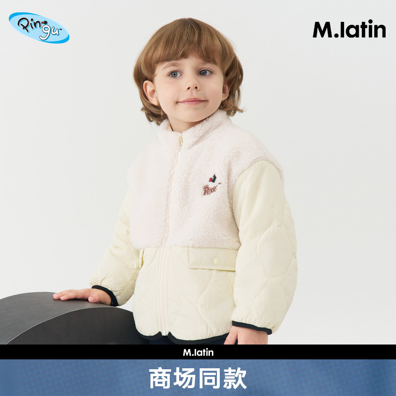仿羊羔毛拼接葫芦绗棉棉服，后背IP图案贴布