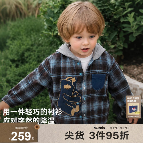 带帽衬衫外套，复古格子图形装饰