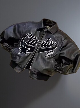 PU leather jacket black thick loose zipper jacket男款