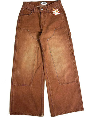 Retro patchwork overalls washed straight-leg pants