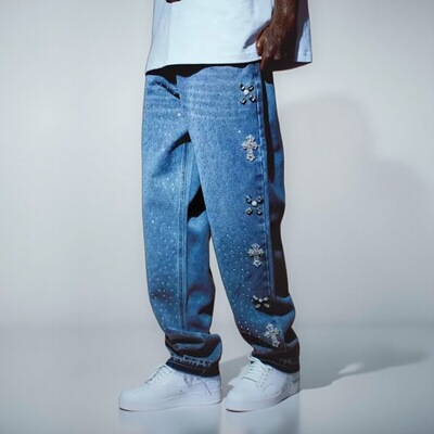 Sequined Vintage Cross Rhinestone Blue Jeans男女款