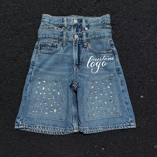Retro Knee-Button Patched Loose Rhinestone Crystal Shorts