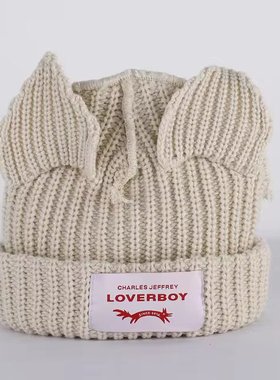 Cat ear needle solid color warm pig ear wool hat男女款