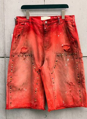 Men's short denim jeans,washed distressed ripped holes studs