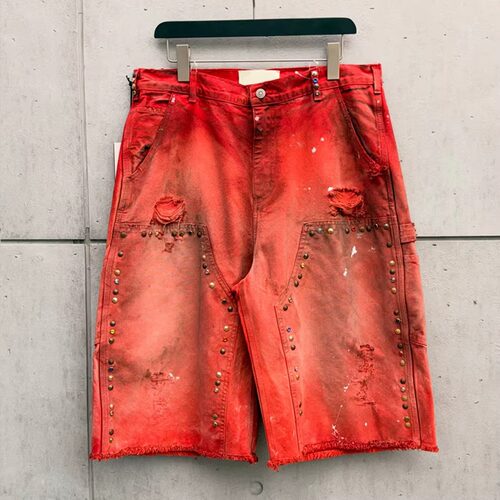 Men's short denim jeans,washed distressed ripped holes studs