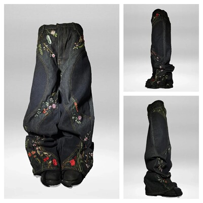 Black Plum Embroidery Loose Jeans男女