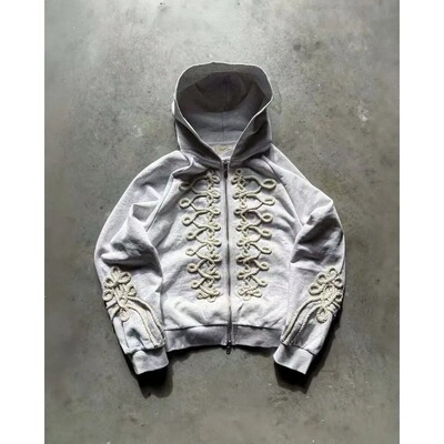 Patterned embroidery zipper hoodie couple style sportswear.