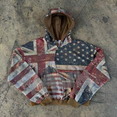 Asymmetrical zipper, oversized knit hoodie with full print.