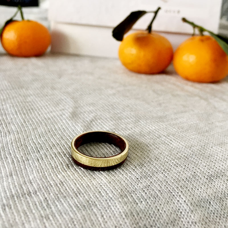 原创手工制作定制个性创意首饰品檀木镶嵌拼接黄铜起来戒指
