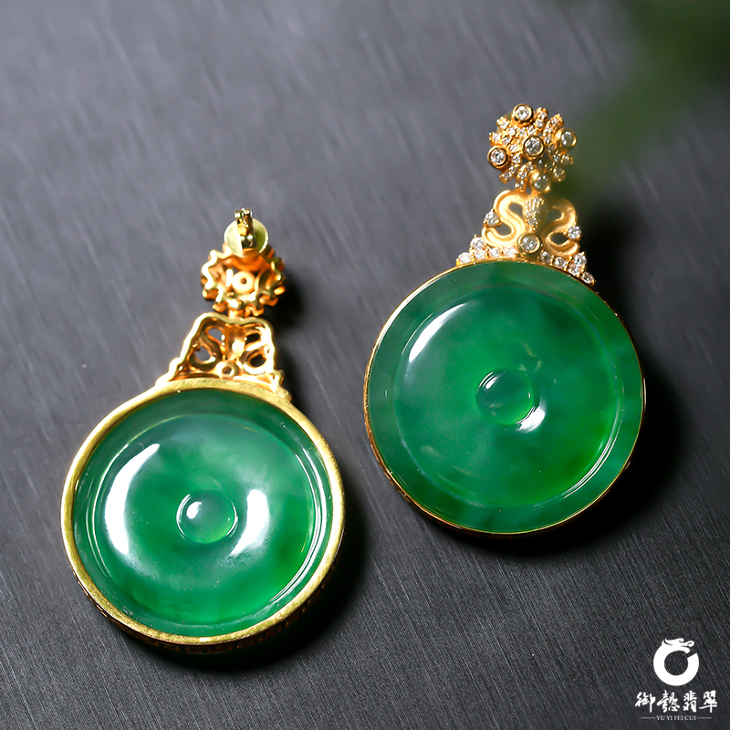 缅甸翡翠A货冰种 18K金钻石镶嵌 平安扣耳坠 24.2克耳环天然