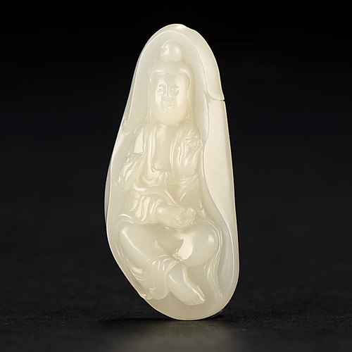 新疆和田玉一级半白玉籽玉挂件观音13.6克天然籽料吊坠