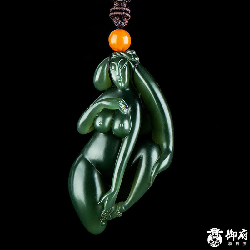 不议价俄罗斯和田玉粉绿碧玉美女挂件润玉缘吊坠玉坠56克