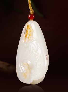吴灶发大师作品新疆和田玉白玉籽玉玉牌挂件挂坠多子多福61克
