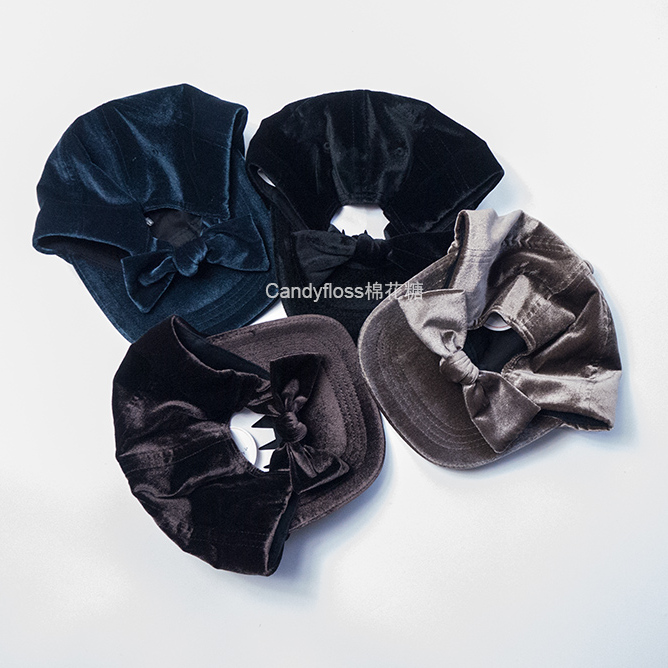 日系可爱25秋冬天鹅绒丝绒光泽感护蝴蝶结可调节棒球帽女款