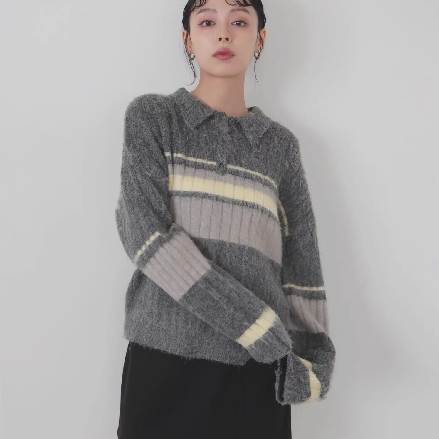 日系复古1ian起毛感仿羊驼绒混合条纹软糯蓬松马球衫polo针织毛衣