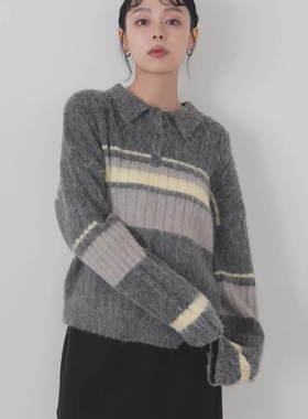 日系复古1ian起毛感仿羊驼绒混合条纹软糯蓬松马球衫polo针织毛衣