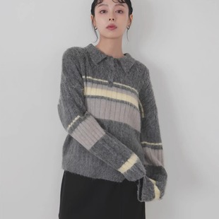 日系复古1ian起毛感仿羊驼绒混合条纹软糯蓬松马球衫 polo针织毛衣