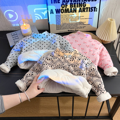 【一件过冬保暖衣】儿童三层夹棉羊毛蚕丝满印打底衫男女加厚高领