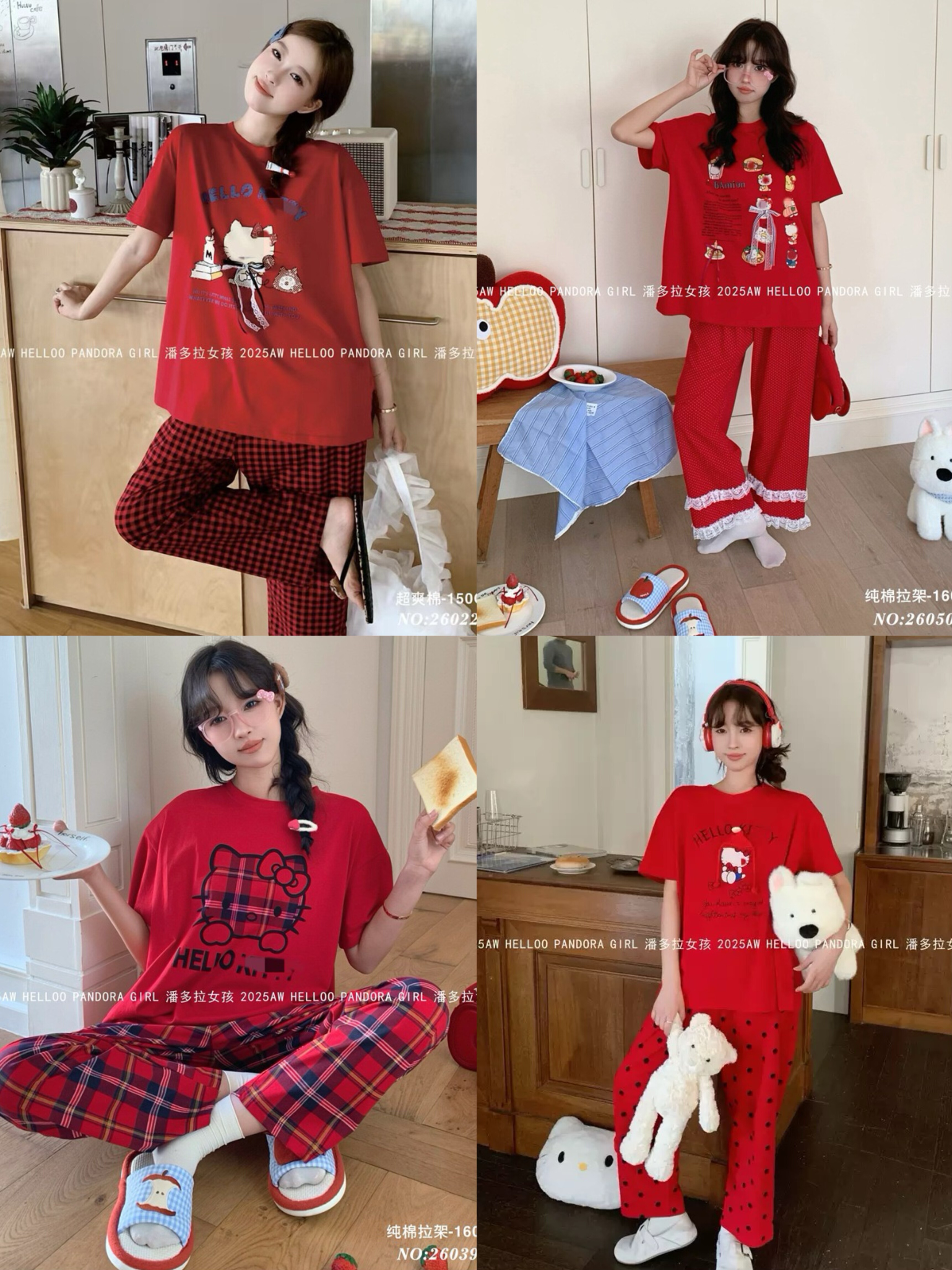 Kitty控必入！新年款限定大红色减龄卡通短袖长裤睡衣女士家居服