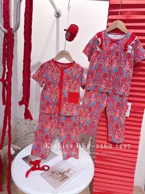 kiskiss2026新年款家居服长款半袖套装女童亲子款喜悦繁花舒适A类