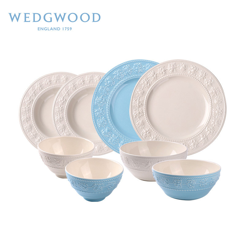 WEDGWOOD威基伍德欢愉假日蓝白8件套双人白色陶瓷米饭碗盘子套装,餐饮具,餐具瓷器套装,淘宝优惠券,粉丝福利购,淘宝优惠卷