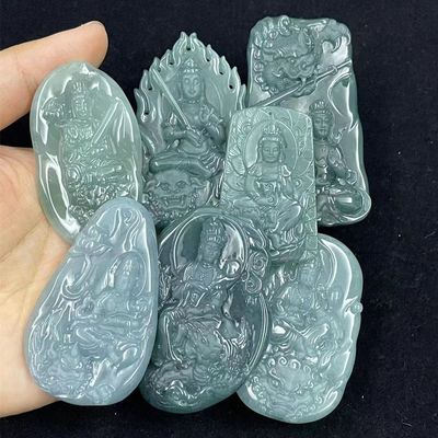 翡翠文殊菩萨冰透精雕吊