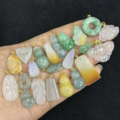 天然冰种缅甸翡翠18K扣头白菜福豆叶子如意葫芦平安扣吊坠送礼盒