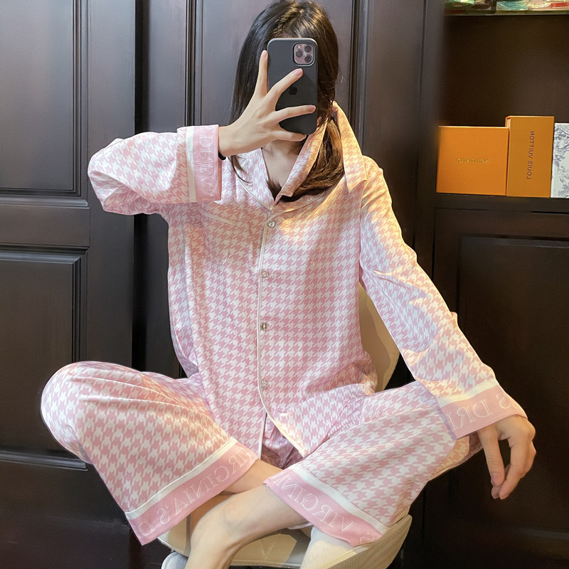 男女仿真丝千鸟格家居服韩版大码