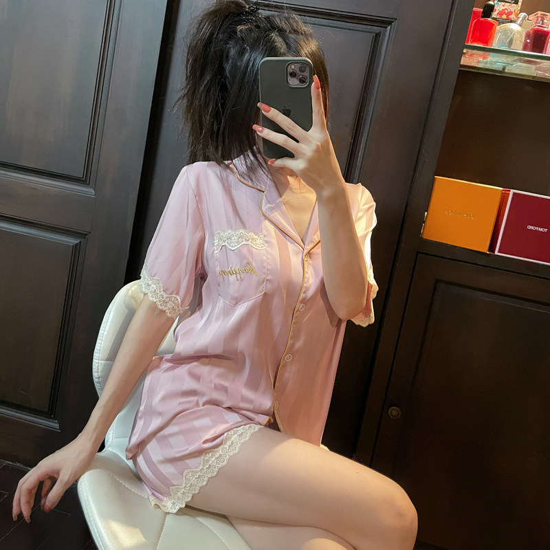 家居服套装条纹仿真丝小翻领