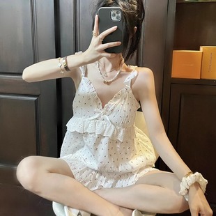 日系睡衣女夏纯棉吊带女神甜美性感荷叶边纱布家居服可外穿带胸垫