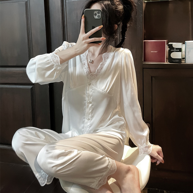 春夏睡衣绸缎丝绸冰雪丝V领蕾丝花边公主家居服仙女甜美网红薄款