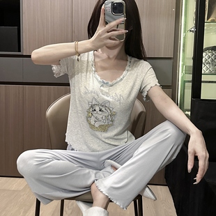 家居服 睡衣女夏莫代尔纯棉带胸垫猫咪可爱甜美短袖 长裤 短裤 2025款