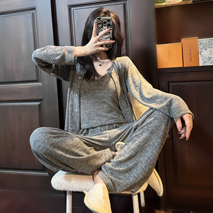 秋冬睡衣磨毛棉加厚加绒吊带开衫小香风三件套超柔超软家居服外穿