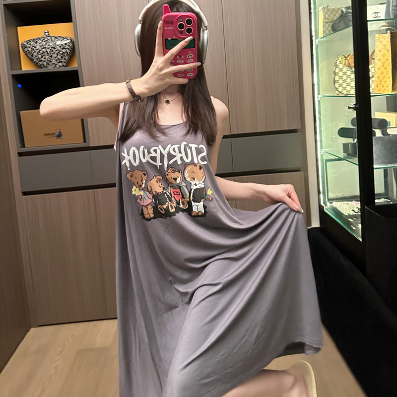 睡裙夏季睡衣莫代尔纯棉无袖背心大码宽松小熊背心裙家居服可外穿