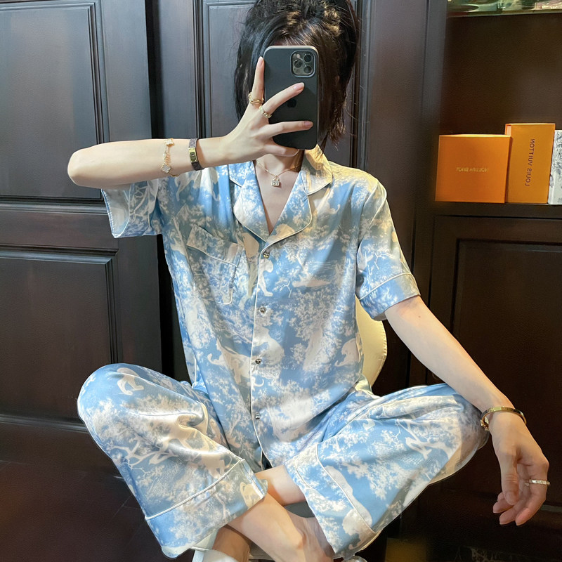 睡衣女夏季冰丝短袖开衫仿真丝简约长裤宽松套装家居服可外穿丝绸