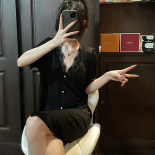 睡衣女夏季 甜美宽松睡裙家居服薄 法式 宫廷莫代尔棉蕾丝小香风短袖