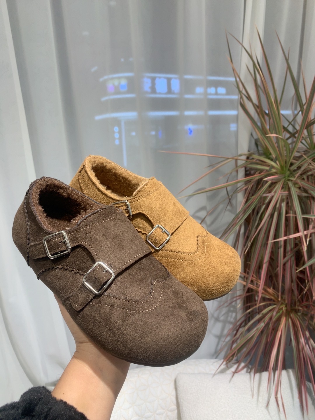 勃肯鞋女灰色毛呢秋冬新款搭扣休闲乐福鞋轻便内增高加绒舒适棉鞋