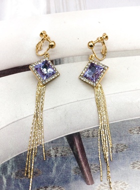 欧美饰品紫色水晶铜流苏夸张质感冷淡风瘦脸螺丝耳夹耳饰H-526-22