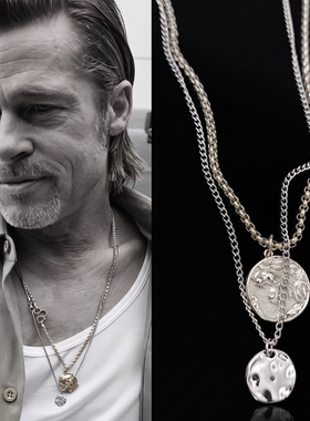 布拉德·皮特 Brad Pitt 同款叠戴金银色狮子牌牌项链型酷长项圈