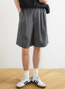 SHIJOIN原创 灰色双褶百慕大五分裤宽松TR休闲西装短裤春夏200215