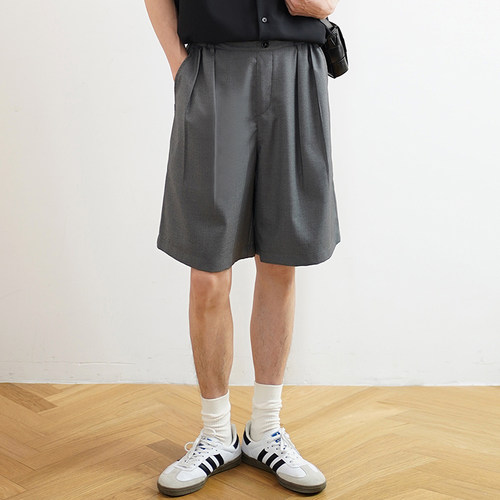 SHIJOIN灰色双褶百慕大五分裤