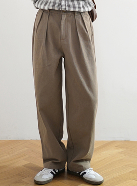 SHIJOIN 深卡其灰双褶休闲裤重磅帆布硬挺工装宽松直筒长裤200218