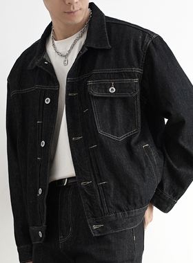 SHIJOIN新品POCKETIME 活性染色黑色复古牛仔夹克宽松外套200116A